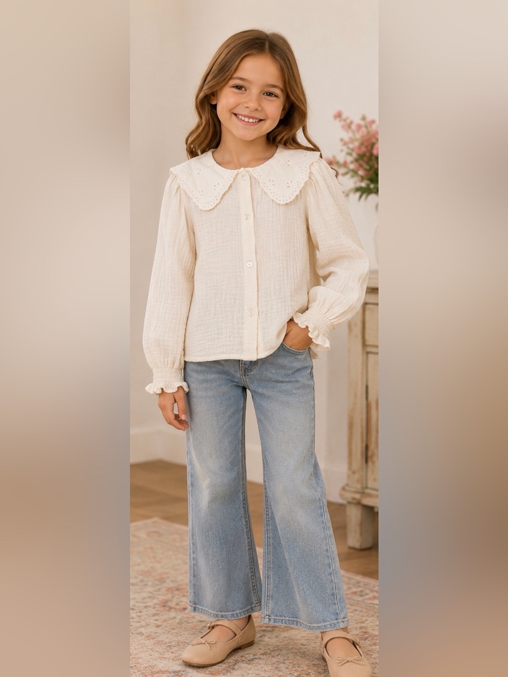 Mango MNG Girls Off White Cotton Gauze Eyelet Peter Pan Collar Blouse Size 9